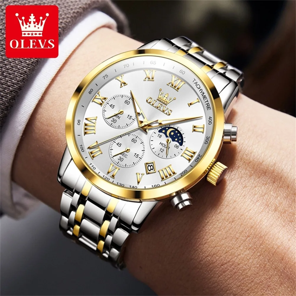 OLEVS Mens Watches Top Brand Luxury Chronograph Quartz Watch Leather Waterproof Calendar Fashion Mens Clock Relogio Masculino
