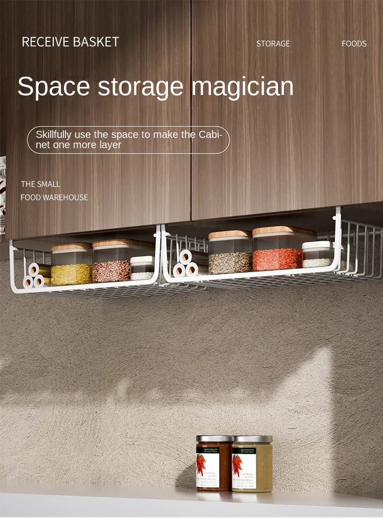 Description Picture 2 of itemMetal Hanging Basket Large Shelves Spice Dishes Storage Pantry Kitchen Closet Rack Under Desk Cabinet Office Bathroom Organizers