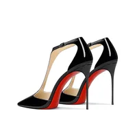 Black patent leather T-belt bag with nightclub sexy 12cm ultra-fine heel pointed party European and American high-heeled sandals - Image 4
