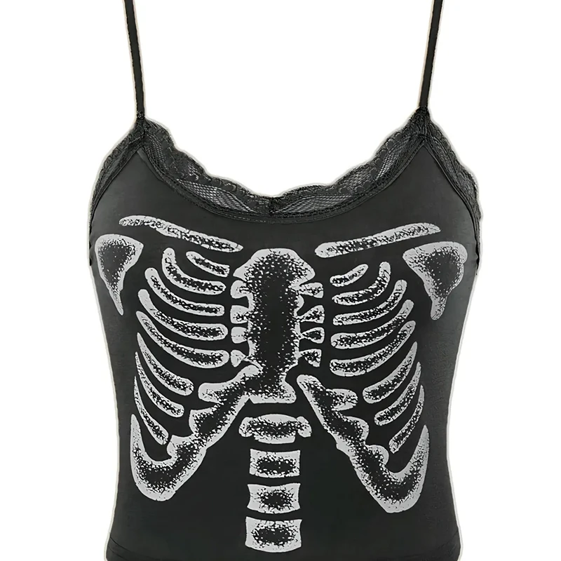 Y2k Summer Women Clothes Grunge Crop Top Skull Print Lace