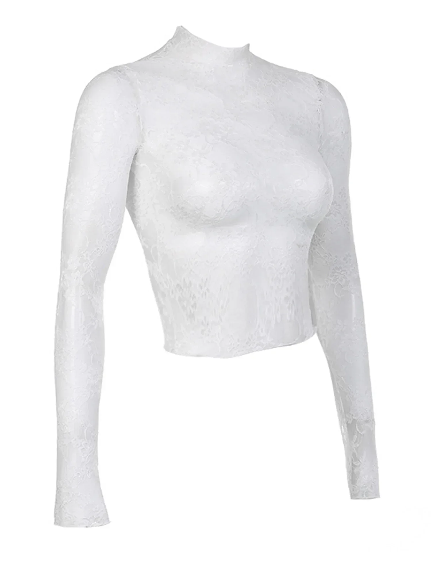 Sexy Lace Blouse Shirts Summer Women Turtleneck Long Sleeve See Through Lace Patchwork Thin Tops 6