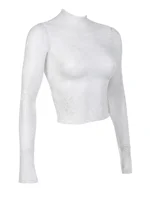 Chemisier Sexy en dentelle pour femmes, chemises d'été à col roulé, manches longues, transparent, Patchwork, hauts fins 6