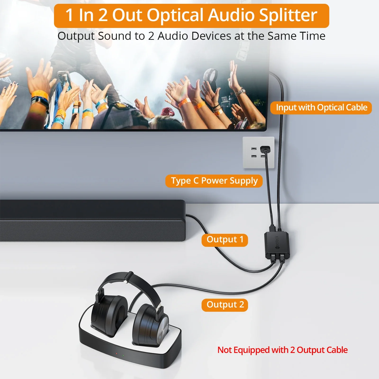 1 In 2 Out Toslink Optical Digital Audio Splitter with 1m Male 3ft Optical Cables Support PCM2.0/DTS/Dolby-AC3 For HDTV PS5 Xbox
