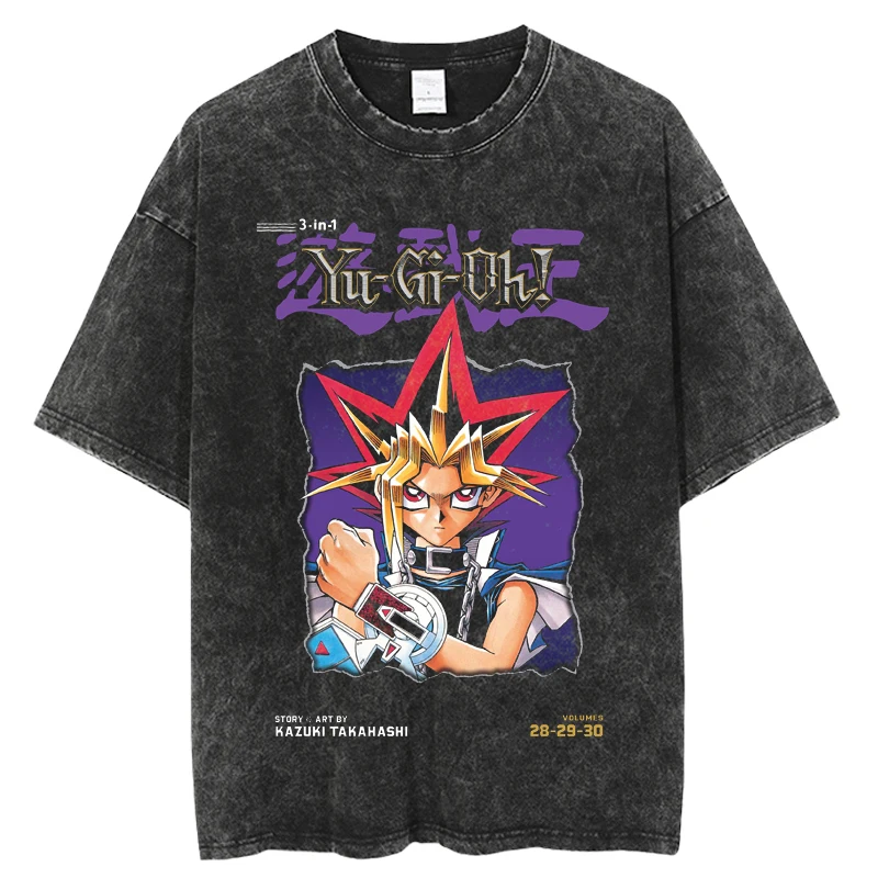 

Summer Vintage Washed T-shirt Japanese Anime Yu Gi Oh Printing Streetwear Oversized Tshirt 100% Cotton O-Neck Unisex Tops Tees