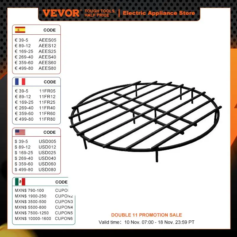 VEVOR Multi-size Fire Pit Grate Round Firewood High-temperature Resistance Coating 18/24/30/36 Inch Stable Q235 Steel Backyard