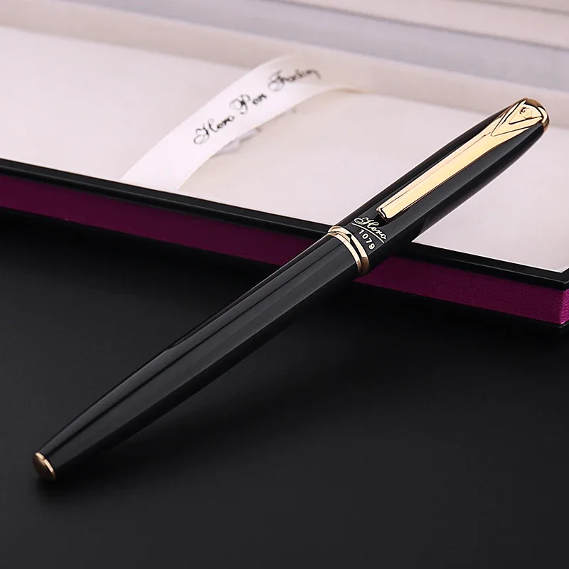 

HERO 1079 Smooth Black and Gold Clip Fountain Pen with 0.38mm Extra Fina Nib Luxury Metal Ink Pens for Finance Free Shipping