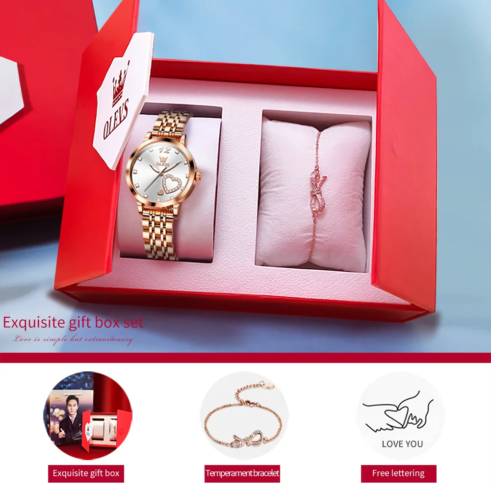 OLEVS Luxury Stainless Steel Ladies Watch Gift Set Love Heart Diamond Dial Luminous Hands Waterproof Bracelet Watch for Women