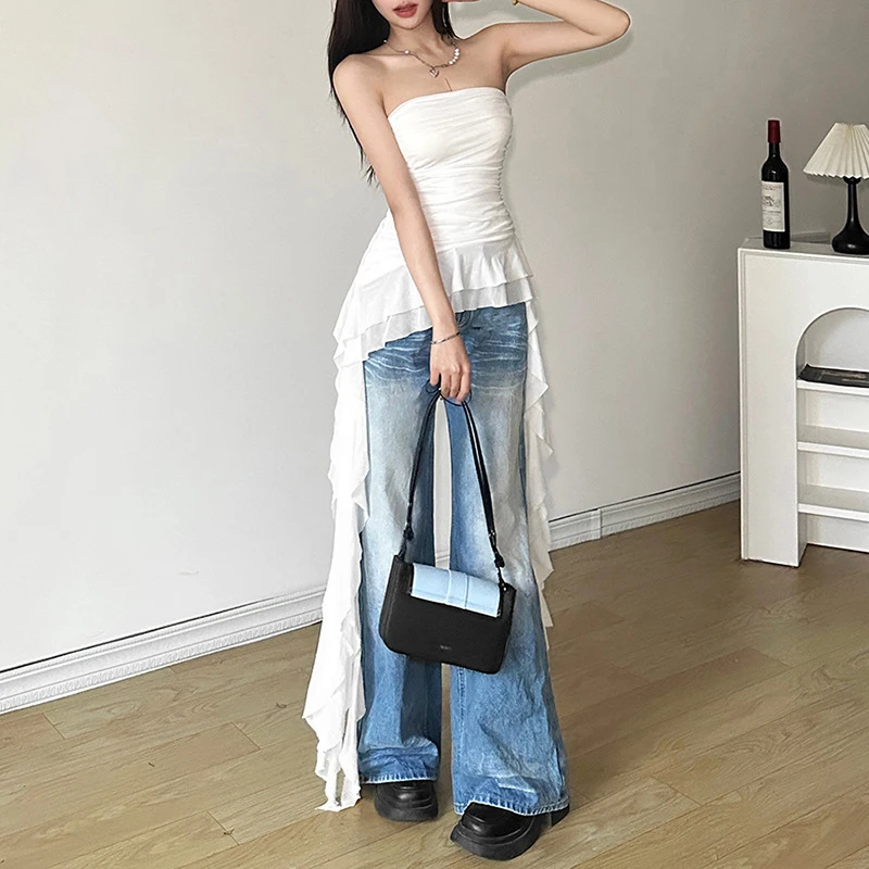 y2k Strapless Top Women Summer Solid Color Off Shoulder Sleeveless Asymmetrical Ruffle Hem Bandeau Vest Streetwear