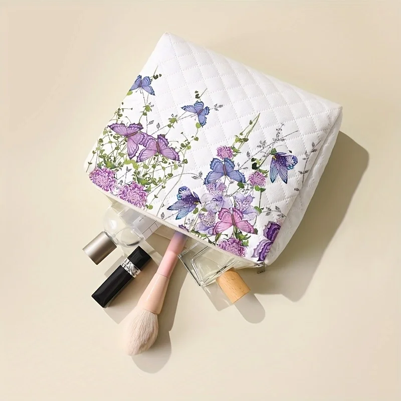 1pc，Purple butterfly print pattern makeup bag, portable makeup storage bag, multifunctional storage bag, lightweight travel bag