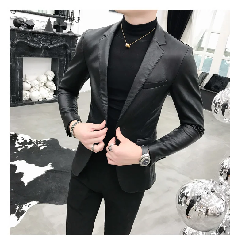 Button One PU Blazer Men Slim Fit Blazer Masculino Black Mens Blazer Para Hombre Vintage Prom Blazers For Men black blazer for men