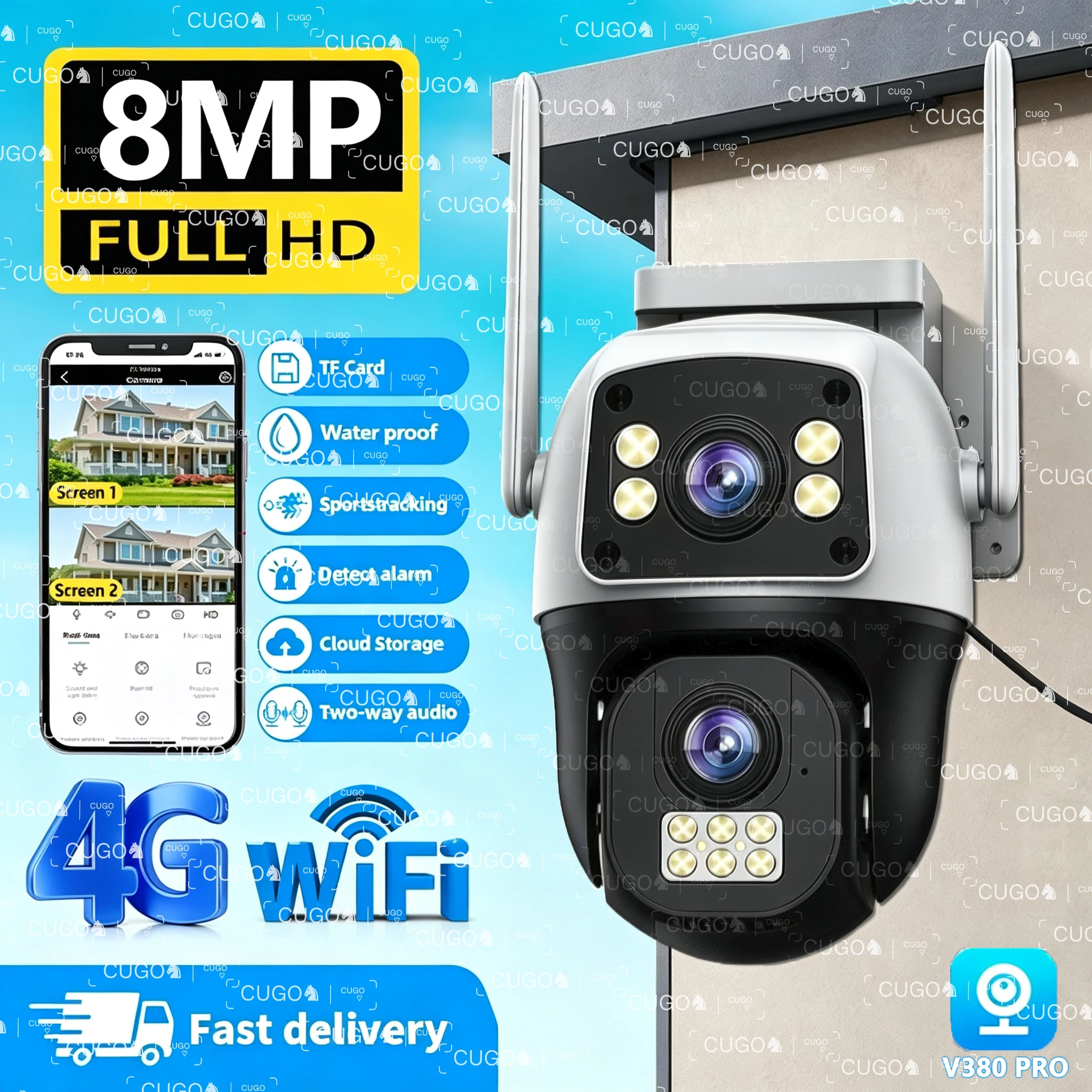 Caméra de surveillance extérieure sans fil WiFi PTZ HD IP 8MP 4G avec carte SIM, double objectif, double écran et suivi automatique pour la sécurité 1
