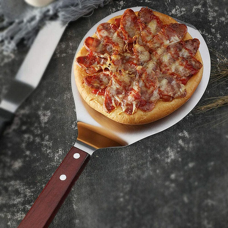 Stainless Steel Pizza Shovel Cypress Wooden Handle Round Non Slip Pot Shovel Cake Mobile Kitchen Oven Baking Paddle