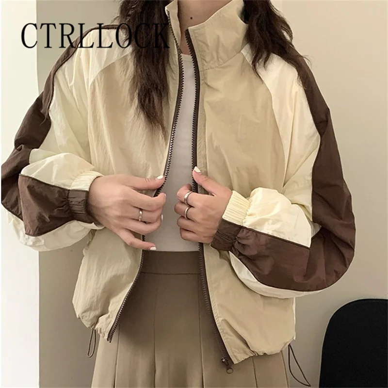 

CTRLLOCK Clean Fit Contrast Patchwork Baseball Jacket Women Casual Short Turn-down Collar Loose Sports Jackets