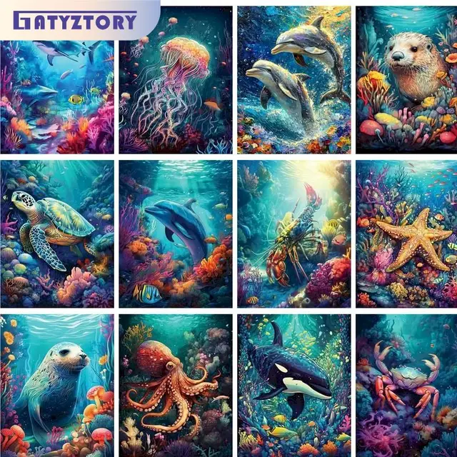 Gatyztoire animaux marins bricolage peinture numérique par numéros mur Art photo acrylique dessin peinture par numéros pour la décoration intérieure 40x50c 1