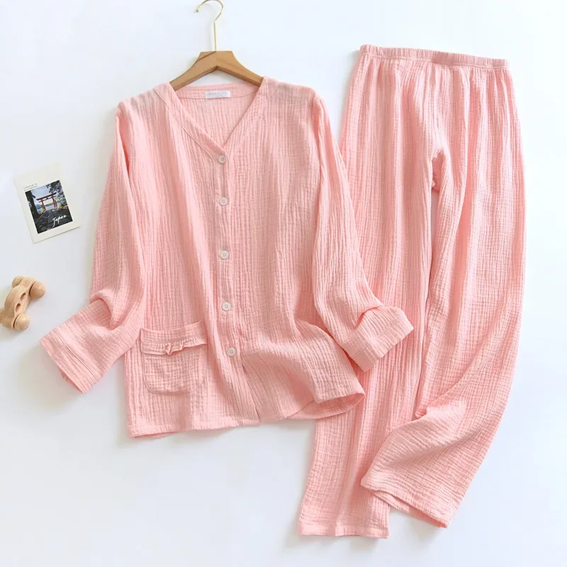 Japanese style spring and autumn women's 100% cotton crepe long-sleeved trousers pajamas comfortable home wear pajama set women