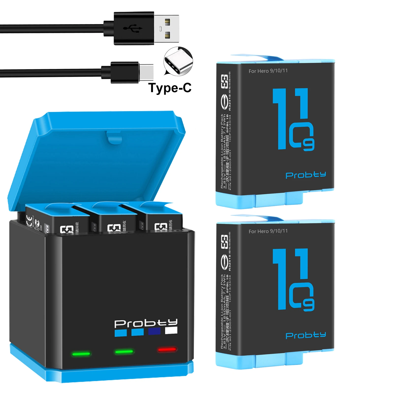 High-Capacity 1850mAh Battery with LED 3-Slot Type-C Charger