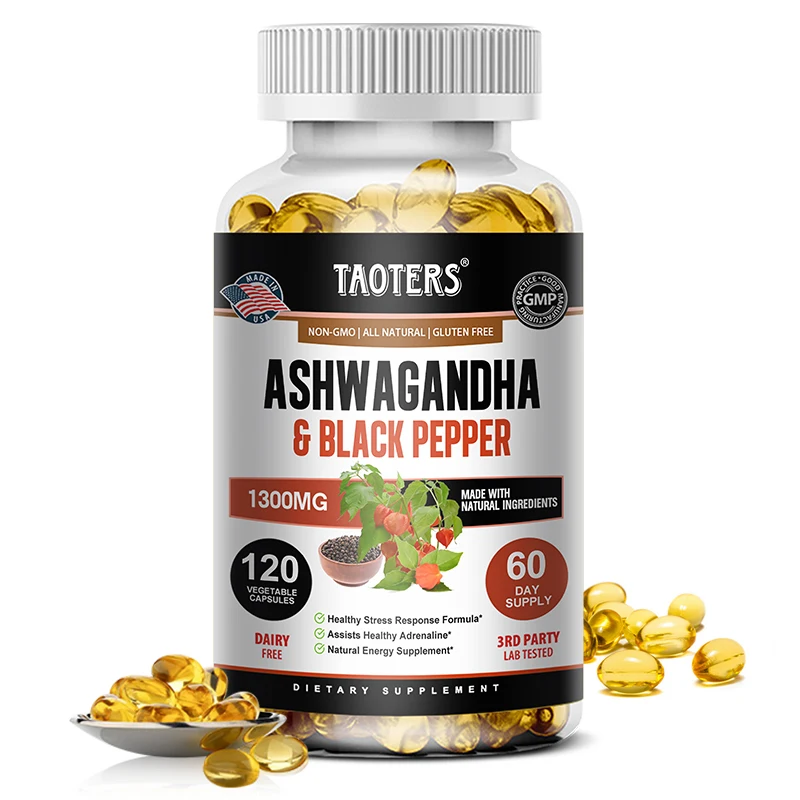 

Pure Organic Ashwagandha and Black Pepper Extract Oil Capsules 1300 Mg - 30/60/120 Capsules Vegan GMO-Free & Gluten-Free