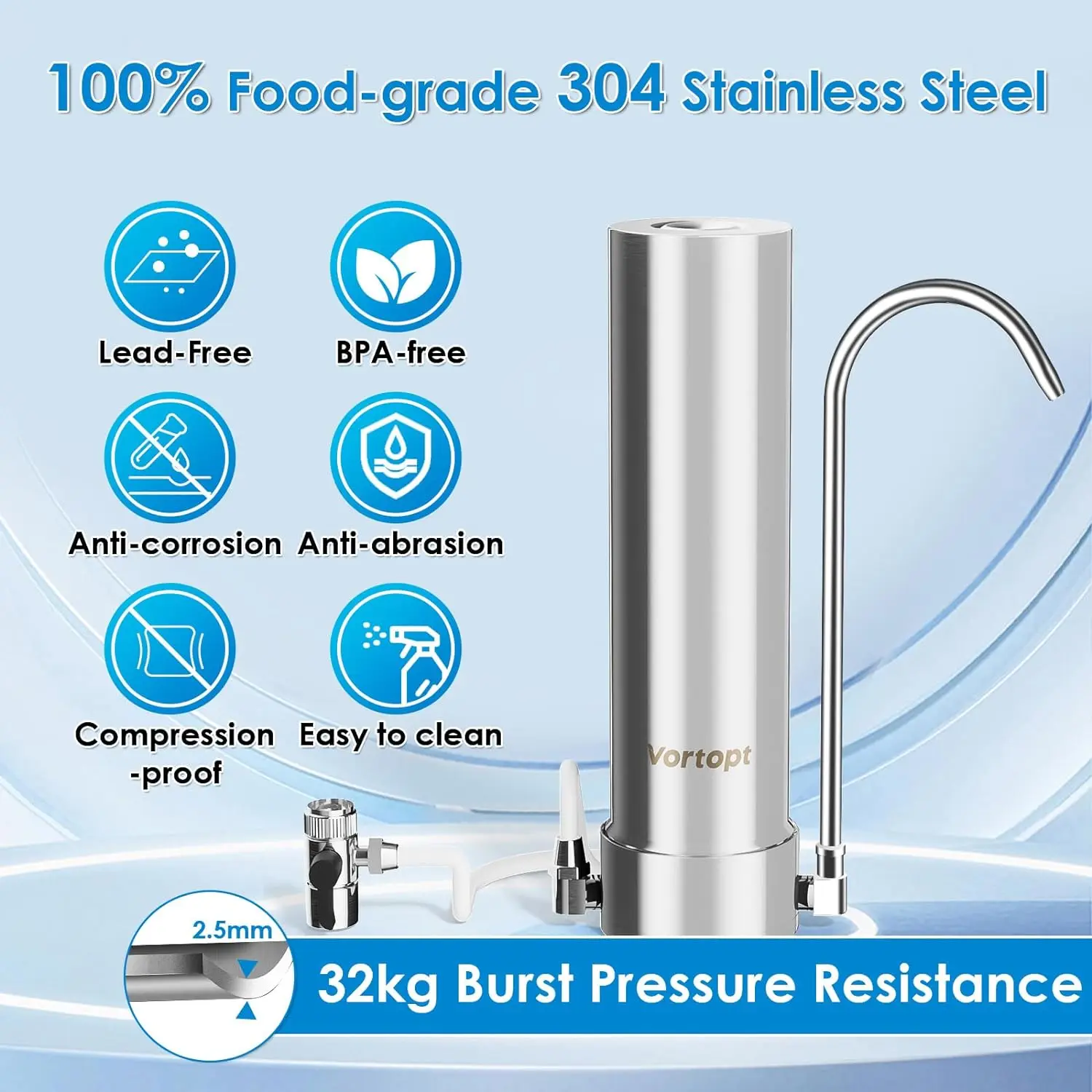 Vortopt Countertop Water Filter System Rapid Flow 12 Months or 8000 Gallons Long-Life 5-Stage Filtration Reduces Chlorine