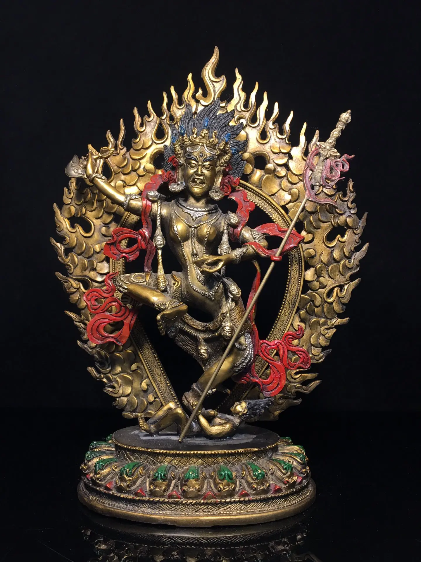 

14"Tibet Temple Collection Old Bronze Painted DAKINI Wisdom Compassion Buddha Backlight Lotus Platform Worship Hall Town house