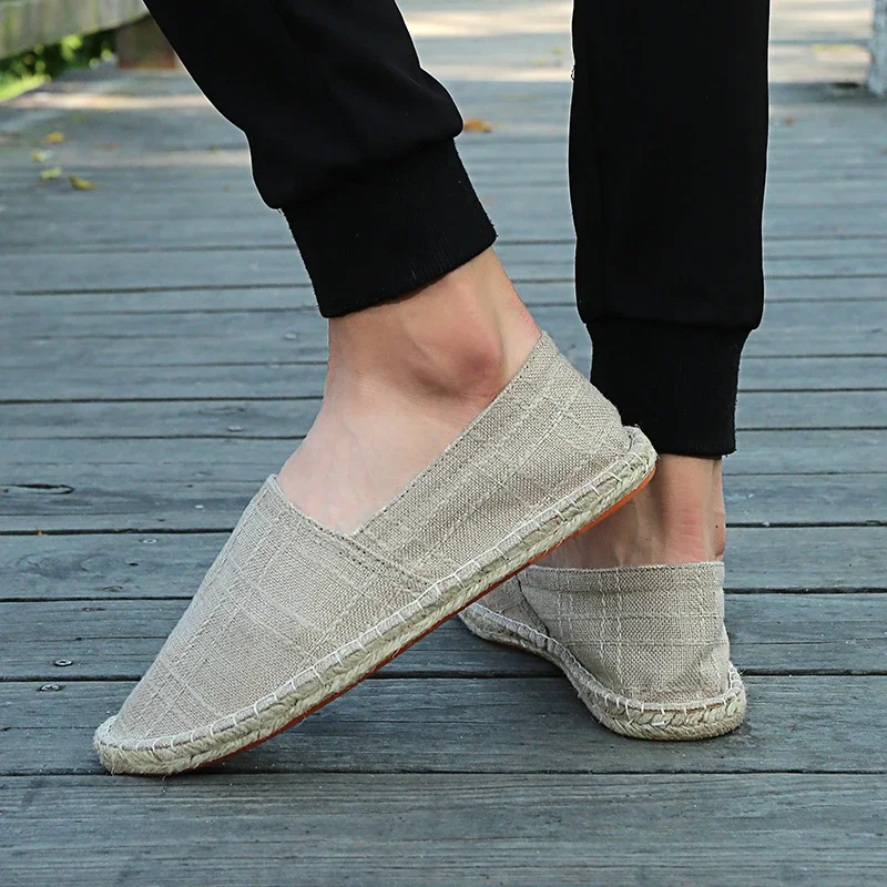 Gentleman Casual Comfort Bohemian Slip on Lazy Shoes Summer Female Mens Flat Slip on Canvas Strap Loafers Straw Espadrilles 6