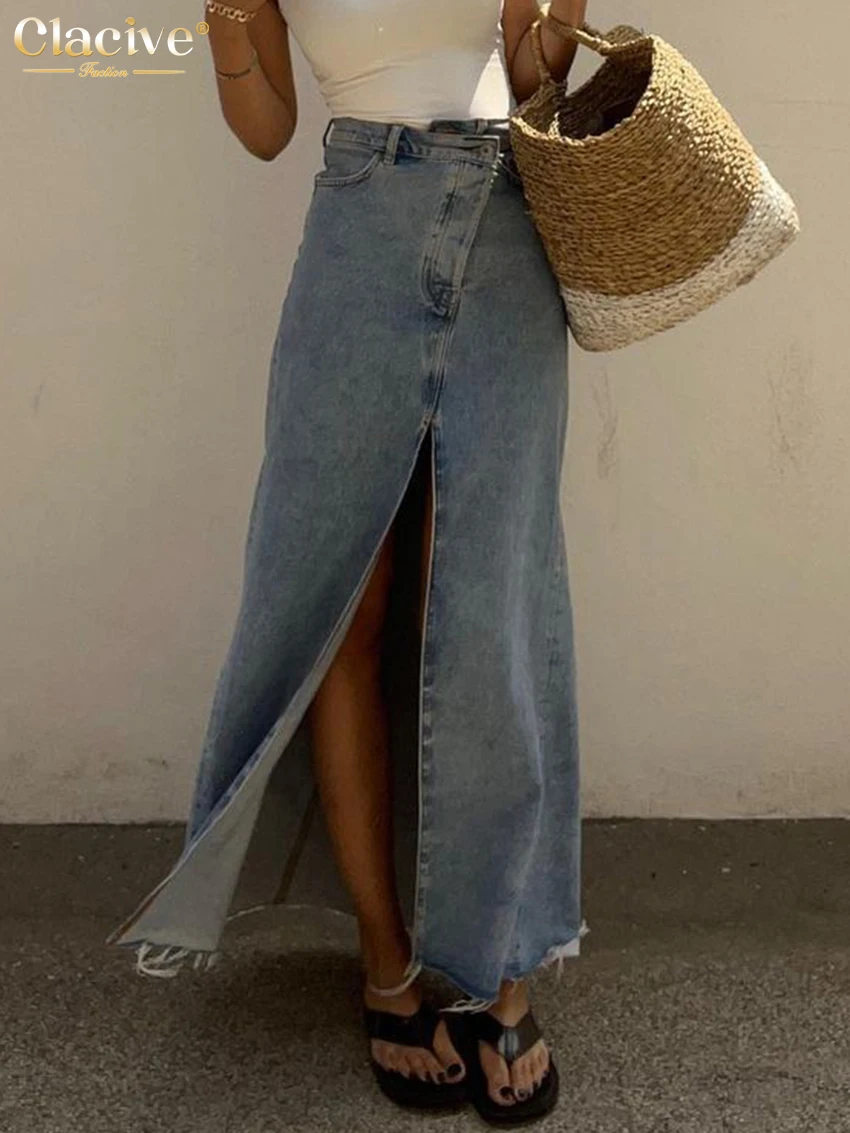 Clacive Vintage Loose Chic Skirts For Women Elegant High Waist Office Lady Long Skirt Fashion Blue Denim Skirt Female Clothing women s chic straight loose jeans lady spring summer casual high waist vintage blue full length jeans