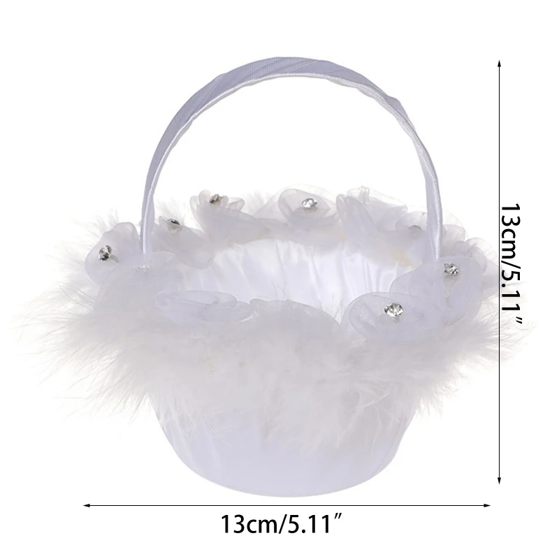 Flower Girl Basket for Wedding Small White Satin Wrapped with Lace Ostrich Fluff Faux Pearls Bows Flowers Assorted Style