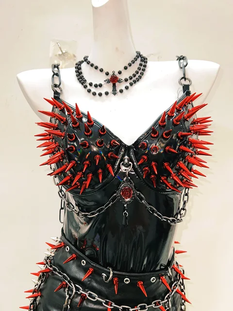 Red Spikey Chain Top and Skirt Set 10