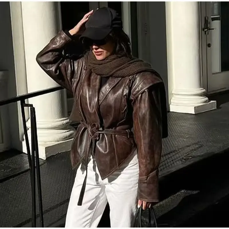 Chic Womens Faux Leather Jacket - Autumn Winter PU Coat with Dropped Shoulders