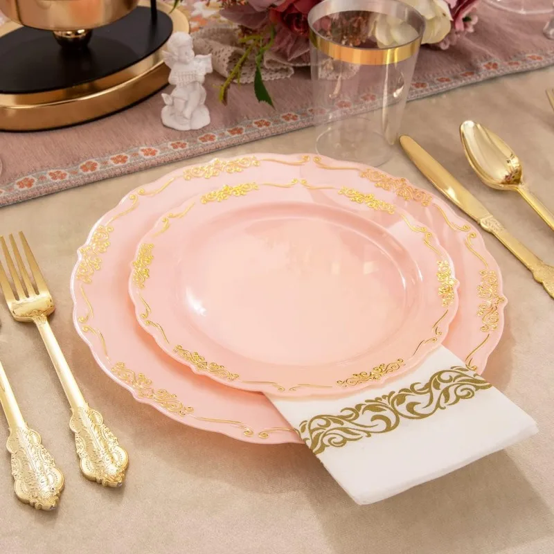 Pink and Gold Plastic Plates and Cups 210 Gold Rimmed Dessert Plates/Salad Plates
