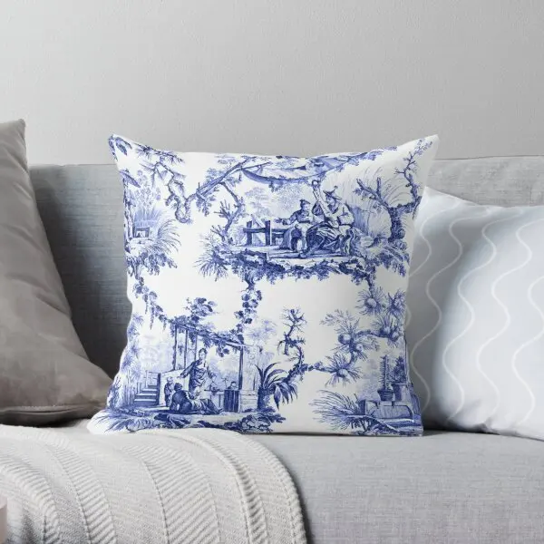 

Blue Chinoiserie Toile Printing Throw Pillow Cover Soft Decor Car Bed Home Hotel Square Cushion Pillows not include One Side