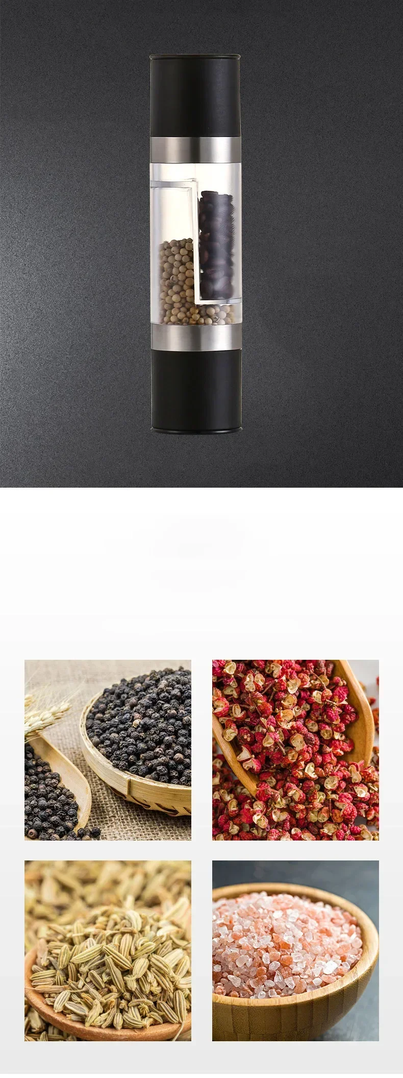 Salt and Pepper Grinder 2 in 1 Manual Stainless Steel Salt Pepper Mills with Adjustable Ceramic Grinding Spice Mill Kitchen Tool