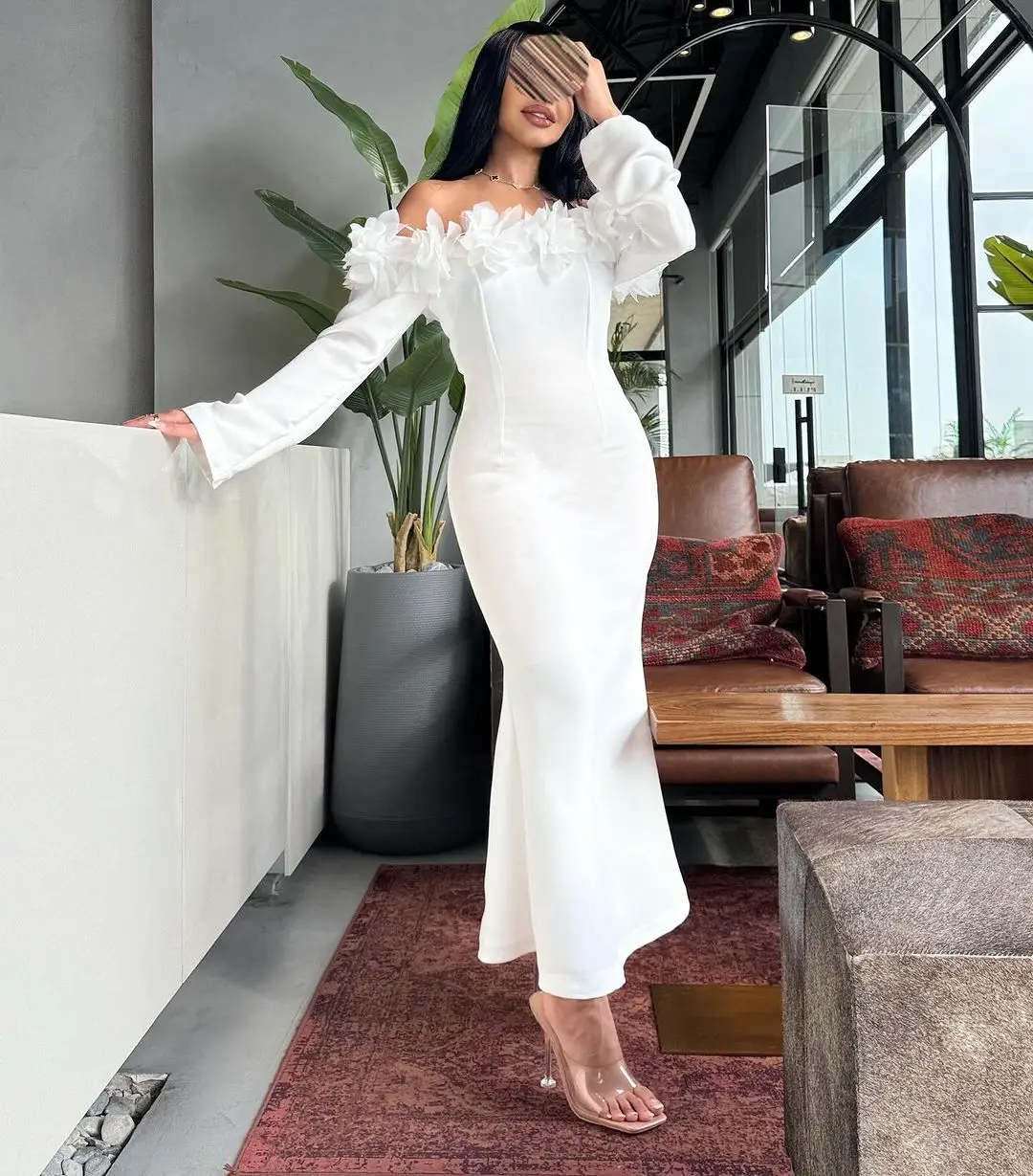 

Elegant Mermaid Off The Shoulder Prom Dresses Ankle Length Pleated Flowers Party Gowns for Women Evening Dresses