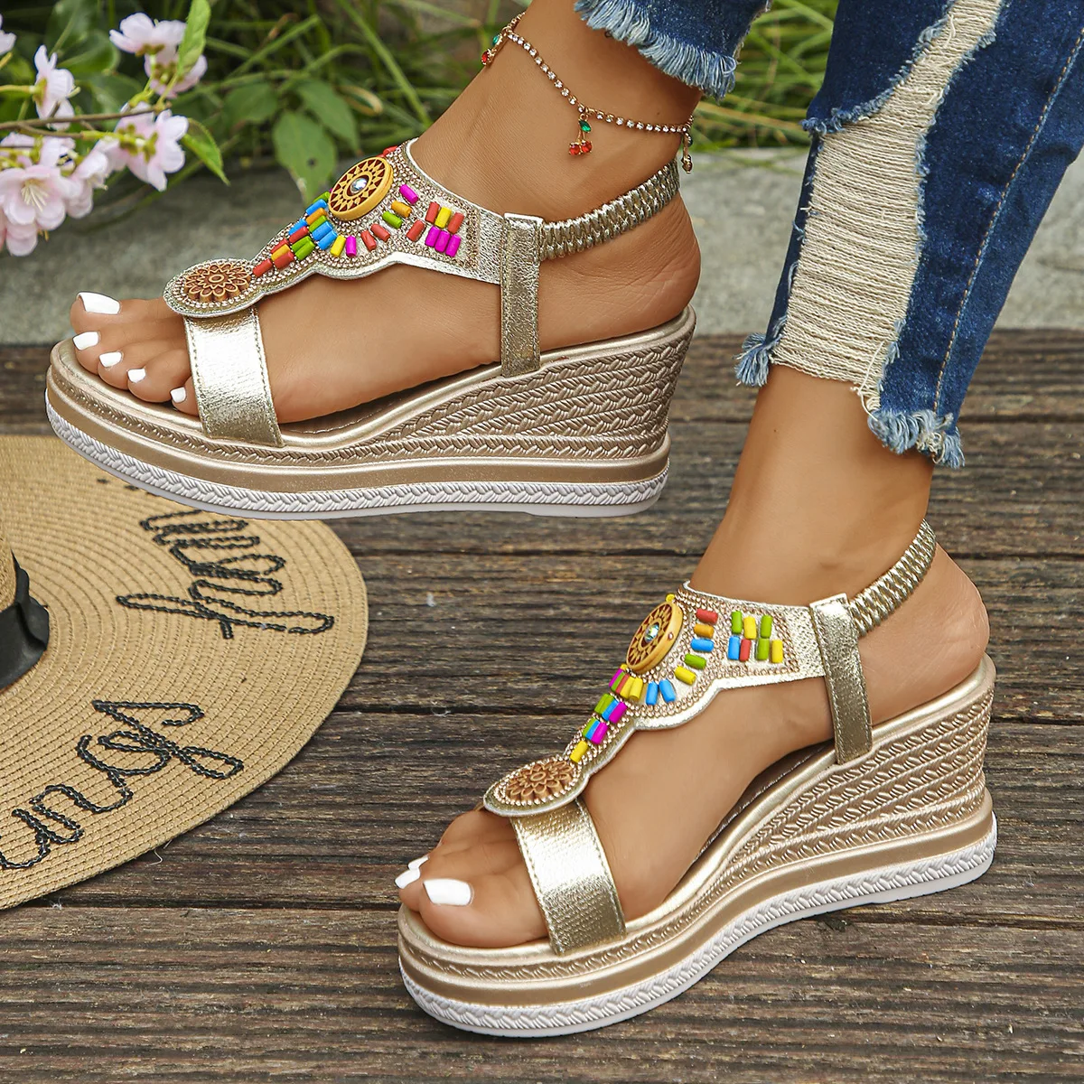 Bohemian Style Thick Bottom Wedges Sandals Women 2025 Summer Retro Chunky Platform Sandals Woman Plus Size 43 Beach Shoes Mujer