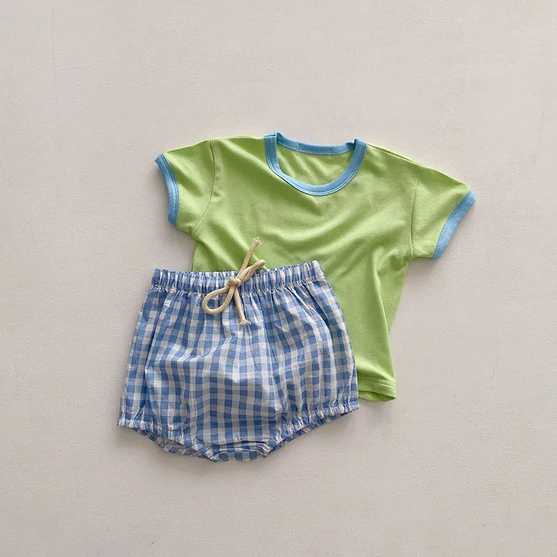 2025 Summer New Baby Short Sleeve Clothes Set Infant Girl Solid T Shirts + Plaid Shorts 2pcs Suit Toddler Boy Pp Pants Outfits 5 2025 Summer New Baby Short Sleeve Clothes Set Infant Girl Solid T Shirts + Plaid Shorts 2pcs Suit Toddler Boy Pp Pants Outfits - Image 5
