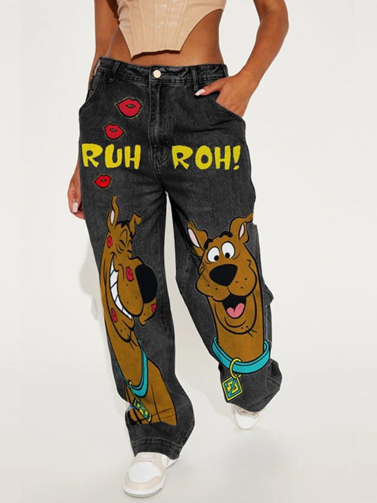 Fashion Street Ripped Jeans Female Cartoon Print High Waist Wide Leg Long Pants 2024 Spring New Boyfriend Jeans for Women