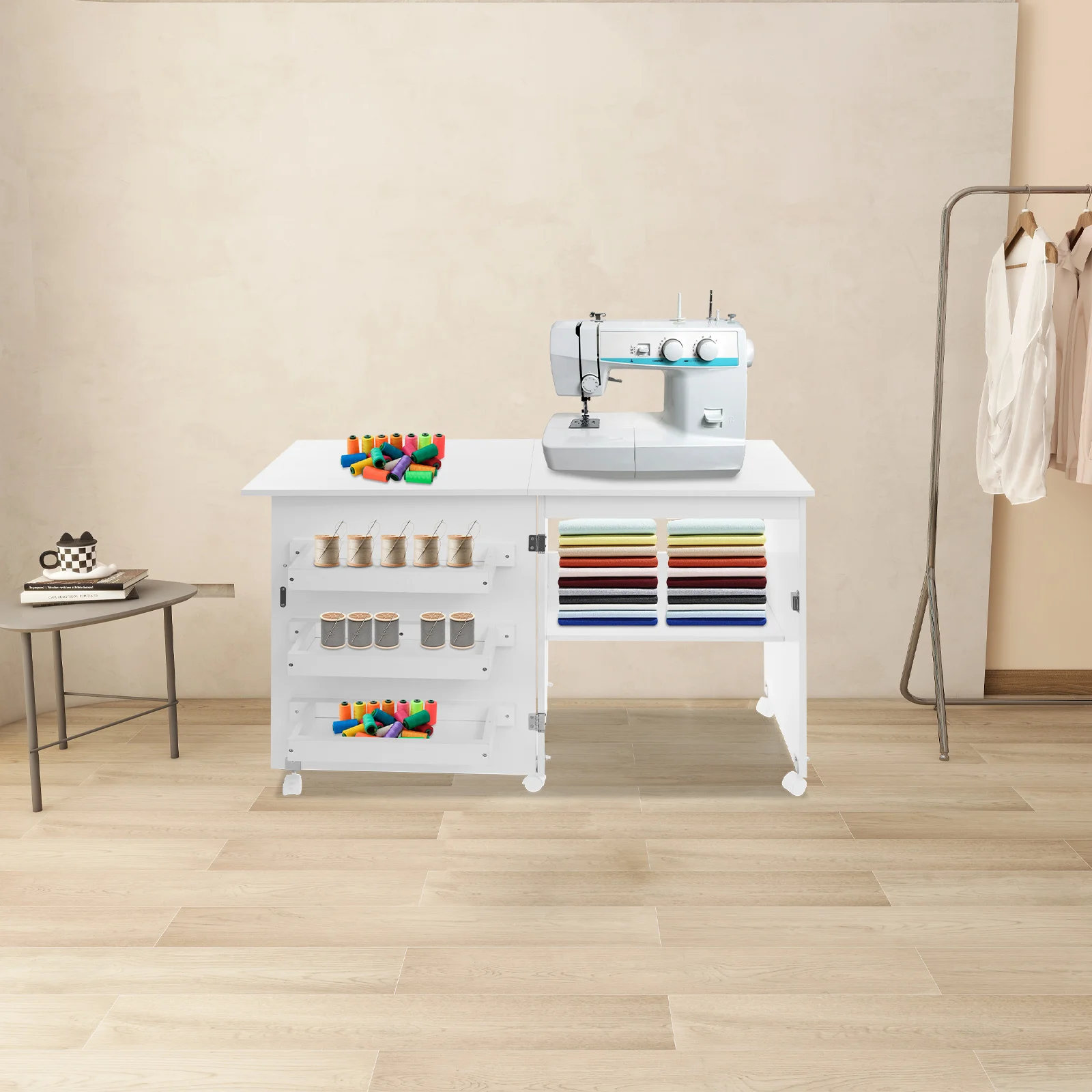 Klappbarer Nähtisch, rollender Nähmaschinenschreibtisch mit Ablagefach, Nähtisch mit Rollen für Schlafzimmer/Studienräume – Detail 4