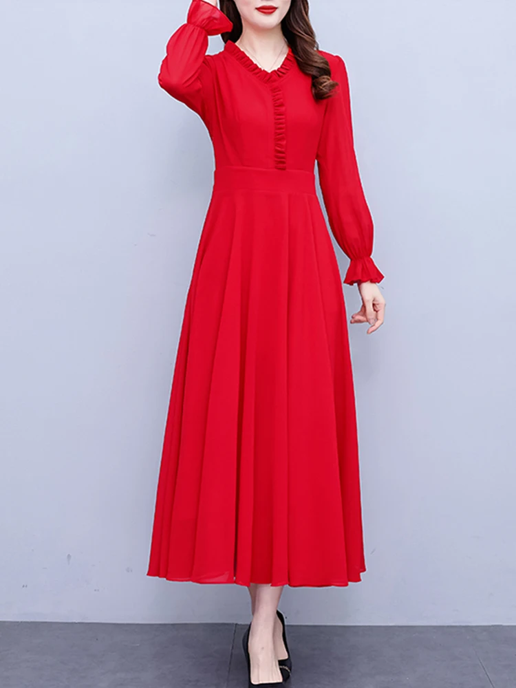 

2023 Women Clothing Spring Autumn Red Beach Casual Midi Dress Chiffon White Elegant Fashion Boho Long Sleeve Party Night Dresses