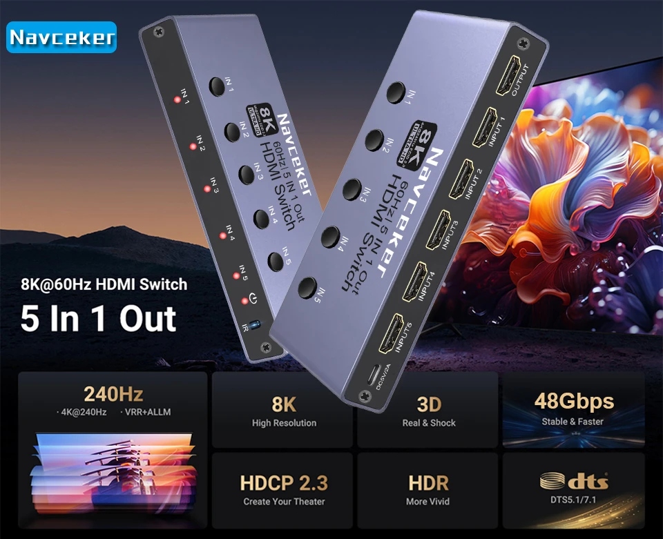 8K HDMI 2.1 Switch Splitter 4K 240Hz 5 Port HDMI 2.1 Switcher with remote 5 In 1