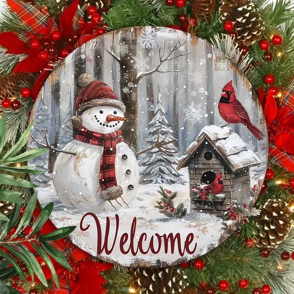 1pc,Charming Wooden Wreath Sign with Christmas Snowman & Cardinal - 20cm x 20cm Welcome Plaque for Home, Kitchen, Garden, Yard
