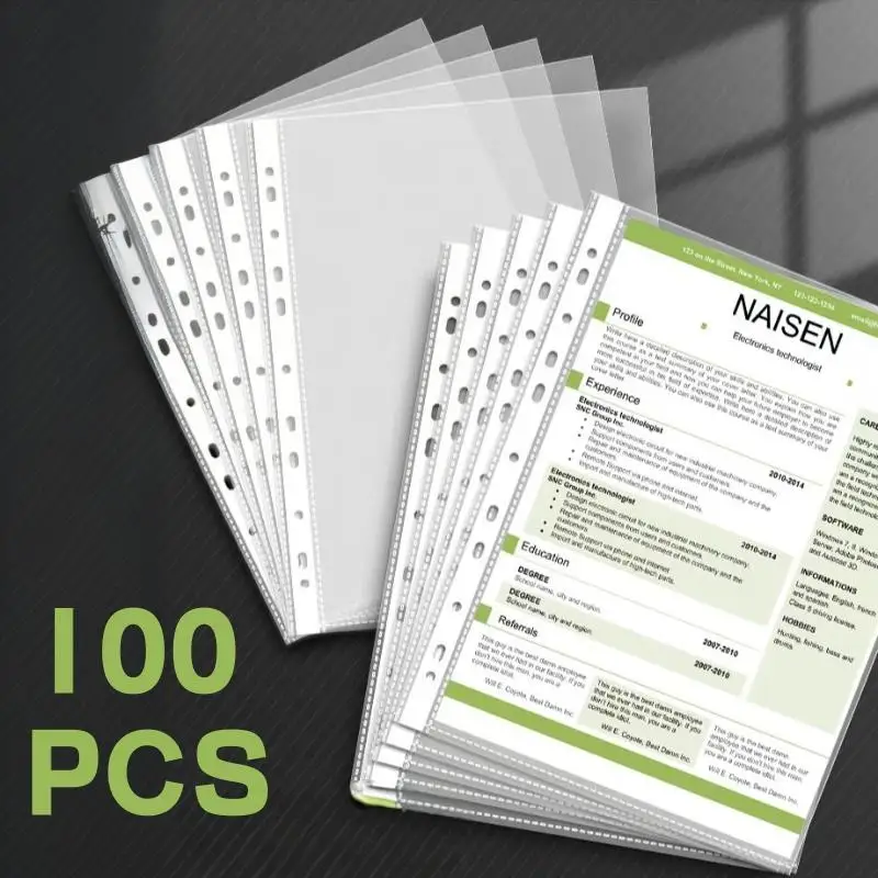 100pcs 11 Holes A4 Loose-leaf Document Paper Protective Sleeve Transparent File Folders Waterproof Wrinkle Proof Paper Protector