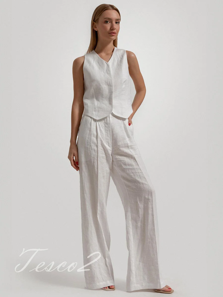 Tesco Vest Full Trousers Sets For Women 2024 Summer Office Lady Tops 2 Piece Casual White Linen Pants Sets For Wedding Party