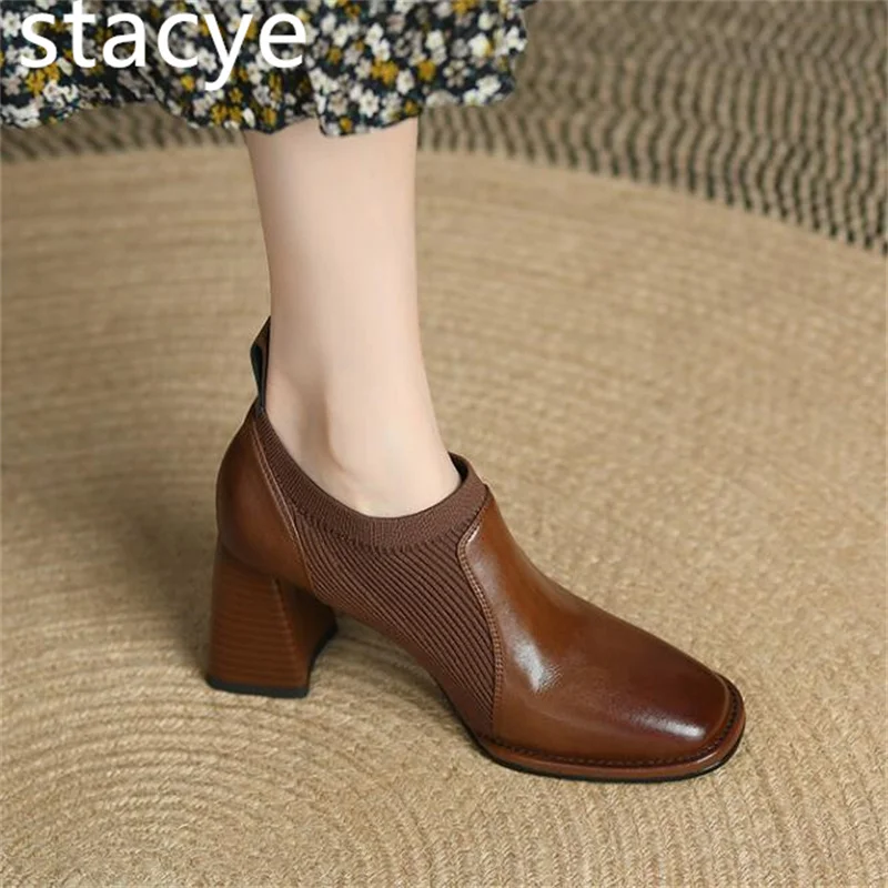 

New chunky heels female spring and autumn nude boots brown knitted deep mouth single shoe British style small leather shoes