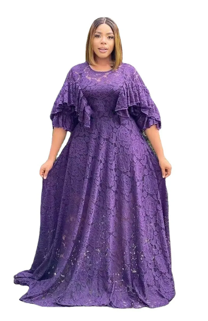 

African Dresses for Women Summer African Elegant Flare Sleeve Party Birthday White Black Purple Lace Long Dress African Clothes