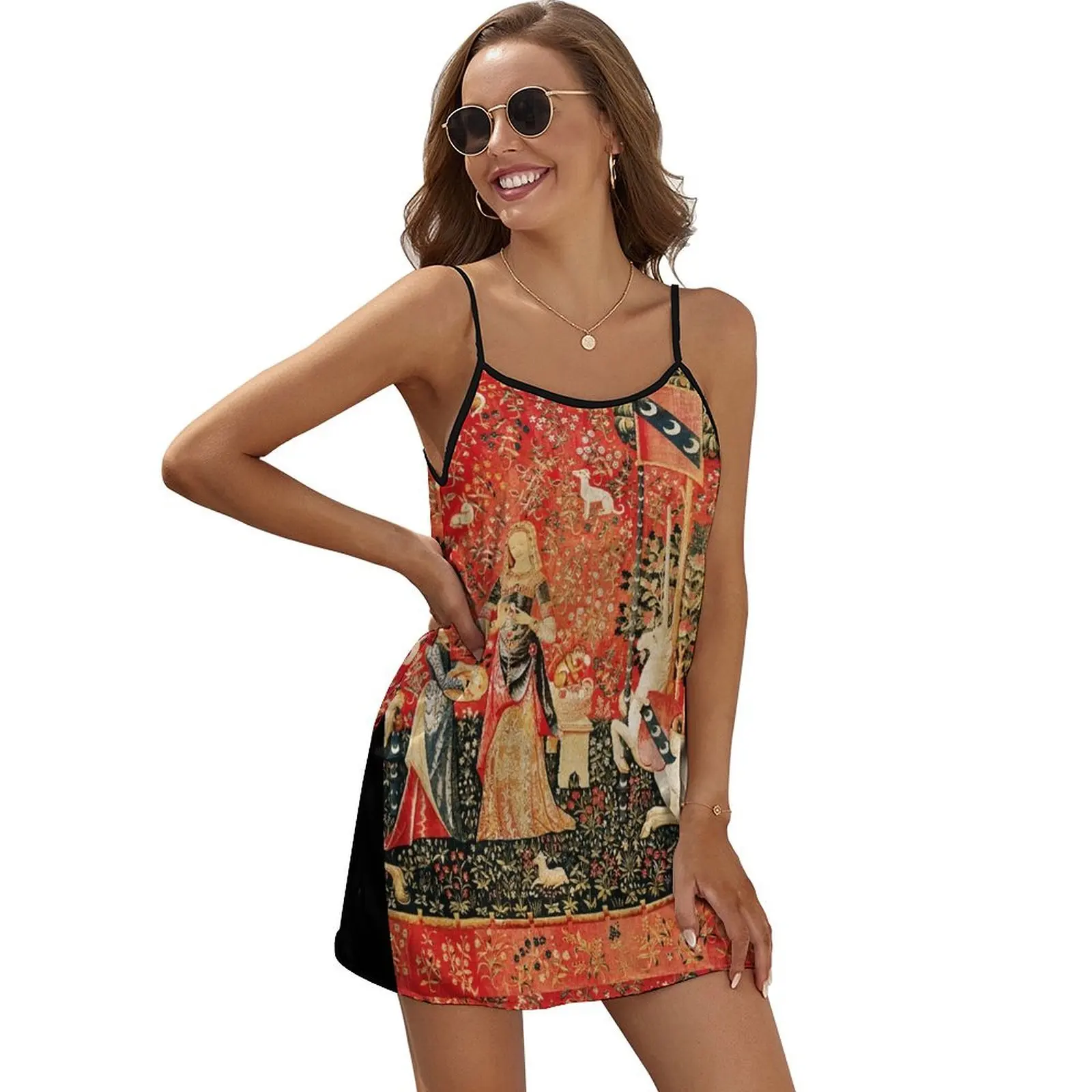 

LADY AND UNICORN,SMELL,Lion,Fantasy Flowers,Animals Red Green Floral Tapestry Sleeveless Dress Dresses Bridesmaid dress woman