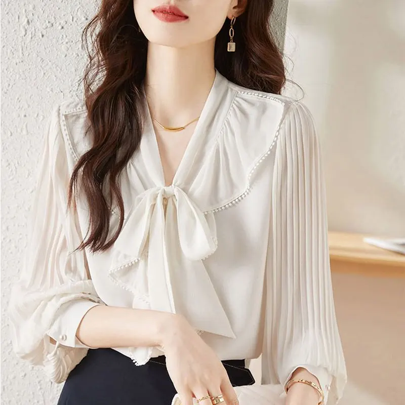 Office Lady Elegant Distressed Bow Blouse Fashion Scarf Collar Spring Korean Ruffles Patchwork Female Pleated Pearl Button Shirt summer new women s casual simple round neck pleated shirt solid color ruffles short sleeve loose women fashion blouse tops 2022