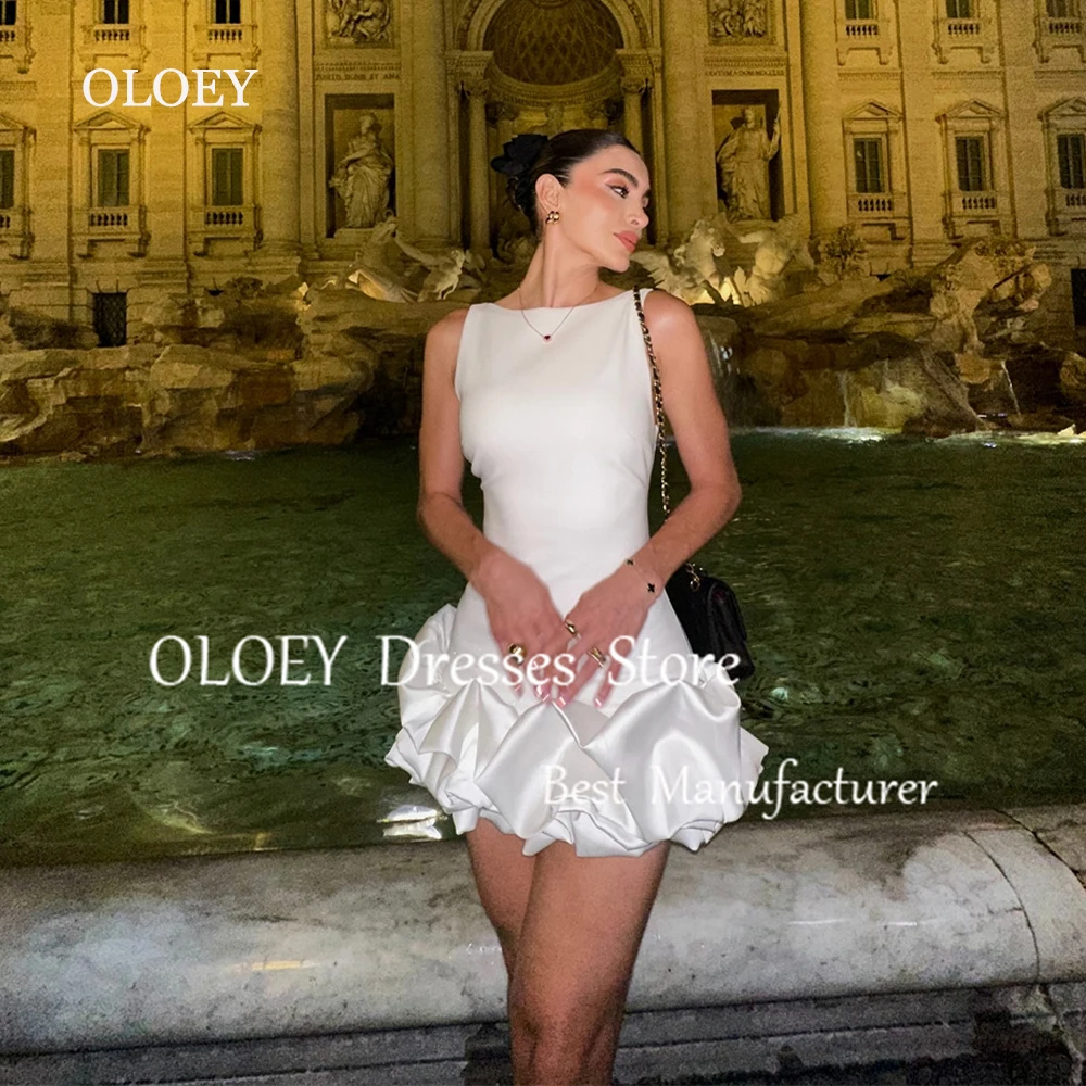 OLOEY Ivory Pleats Satin Mini Prom Cocktail Dress Sleeveless Short Wedding Party Dress Backless Zip Formal Prom Gown Made
