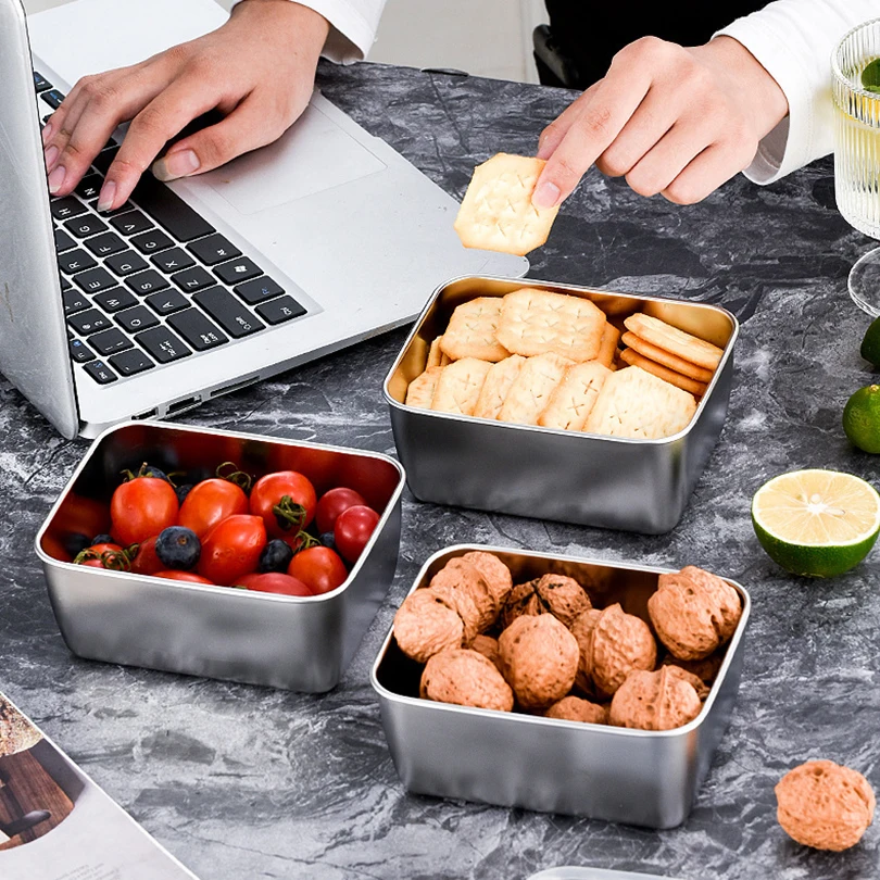 1/4Pcs Stainless Steel Rectangular Food Storage Pan With Lid Thickened Lunch Box Container Square Plate Dish Tray Freshing