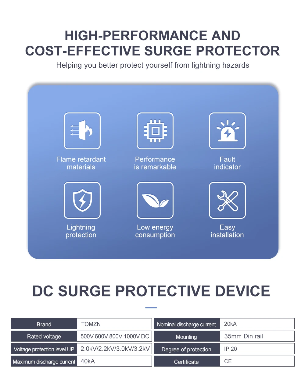 DC SPD 1000V 800V 600V 500V 20-40KA House Surge Protector Protective Low-voltage