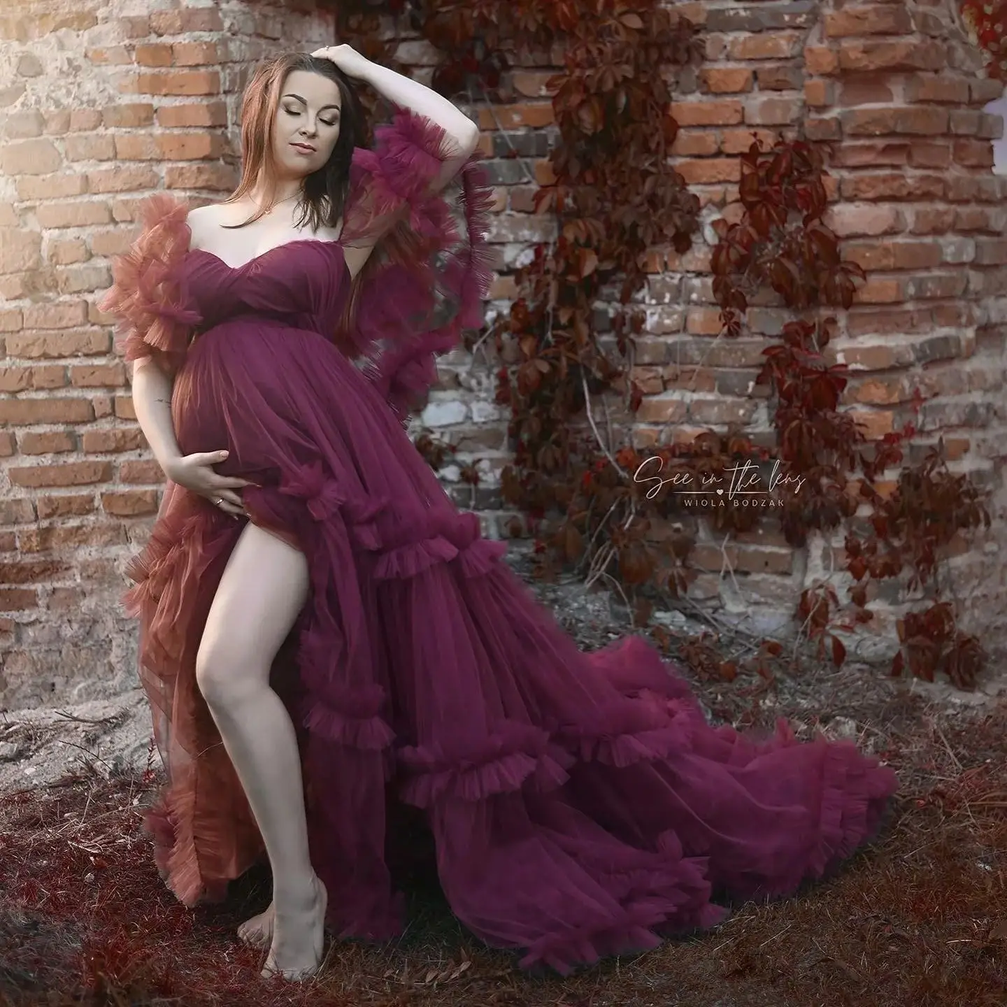 

Sexy A Line Maternity Robes for Photography Off Shoulder Ruffles Pregnancy Women Dresses Front Split Sweetheart Babyshower Gowns