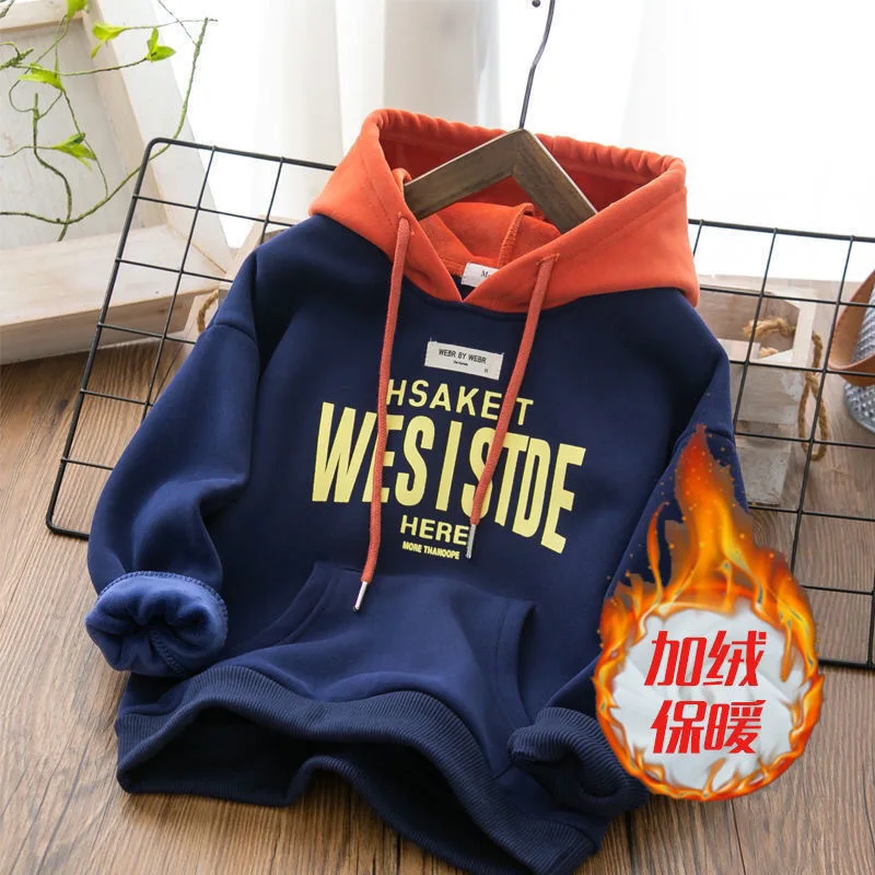 Kids Hoodie Sweatshirts Autumn Winter Boys Hoodies Solid Color Letter Print Lining Plush Thick Warm Casual Pullover For 4-14Y Kids Handsome Sweatshirt